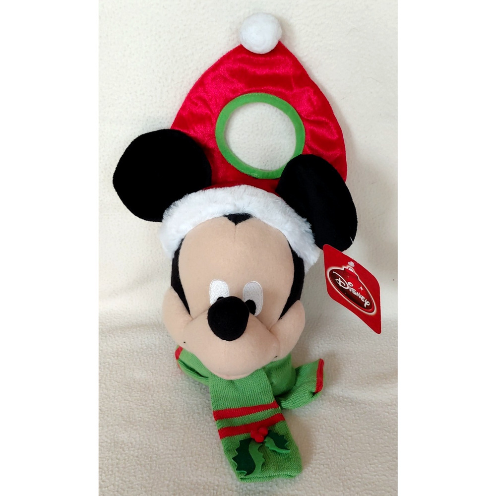 Disney Mickey Mouse Christmas Plush Door Knob Hanger Santa Hat & Scarf NEW W/TAG
